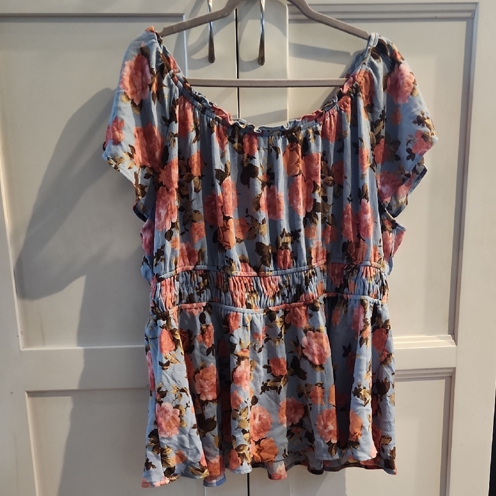Torrid Blue Floral Blouse with Ruffle Sleeves